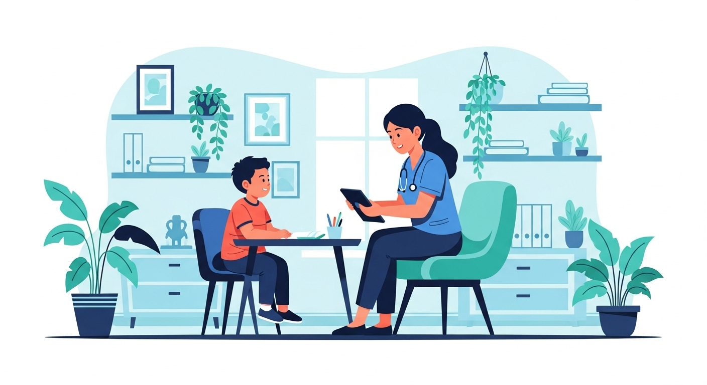 Therapist supporting a child during a cognitive training session, faces not identifiable.