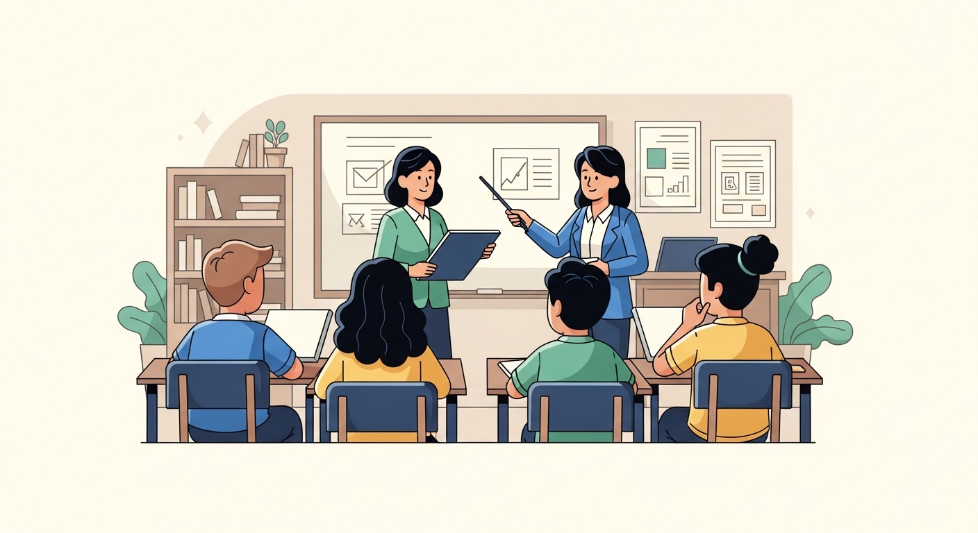 Teacher guiding students during a classroom learning activity.